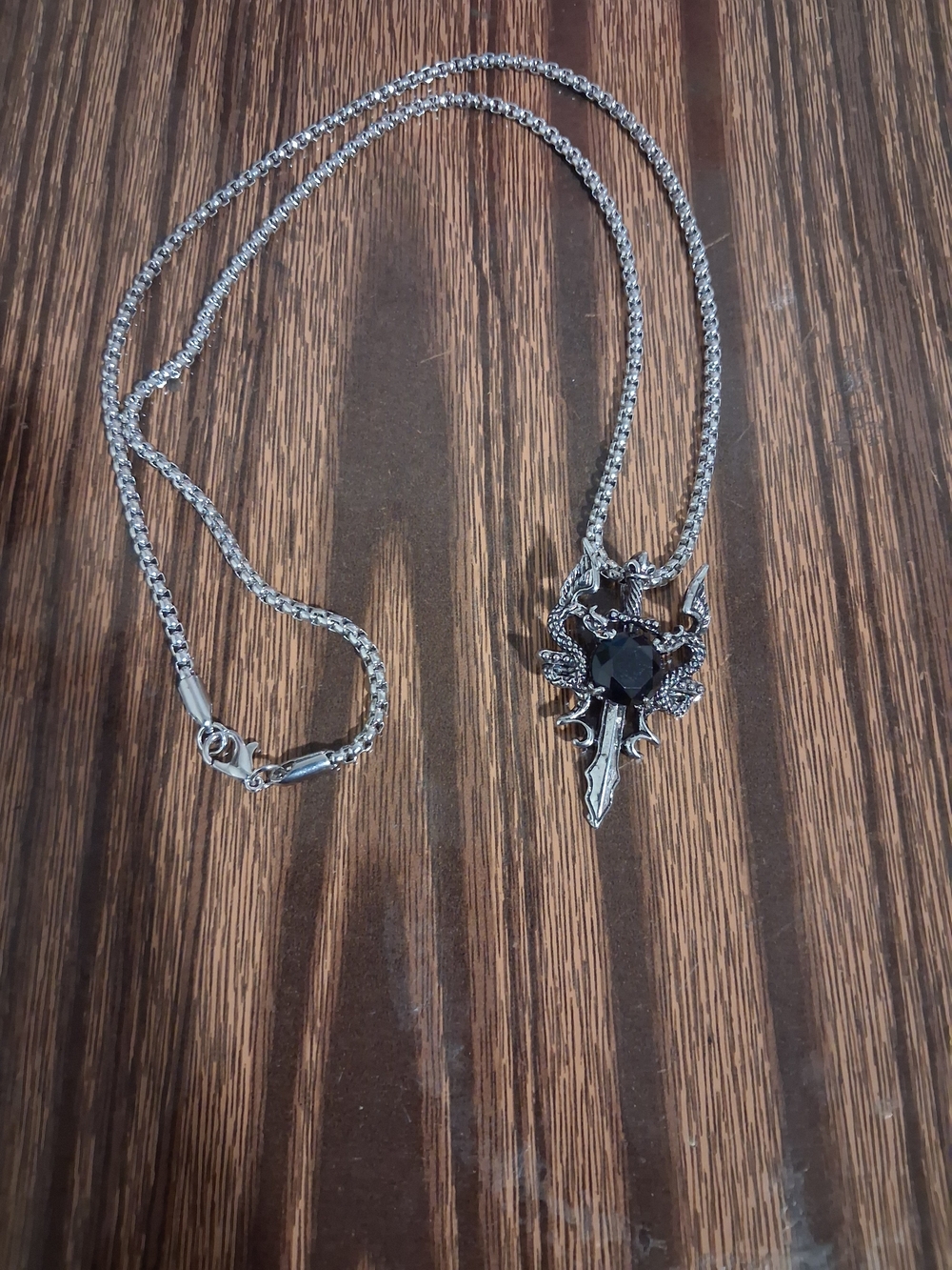 Silver Dragon Sword Pendant Necklace with Black Stone